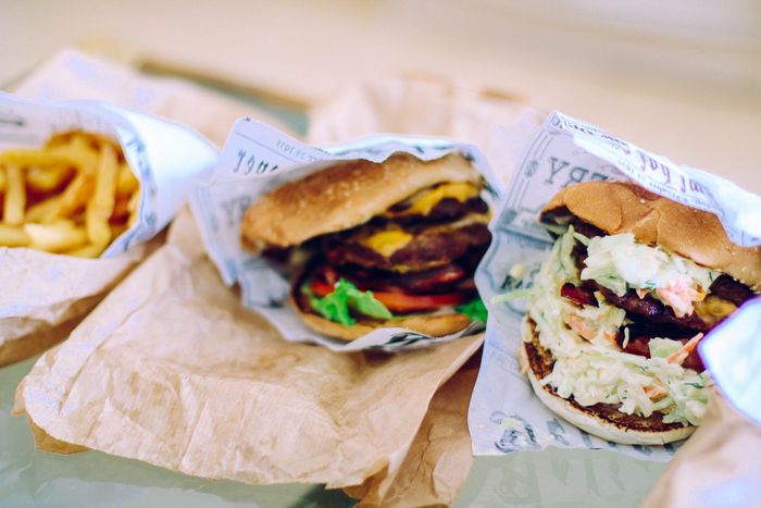 Burgers wrapped in paper, ready to go